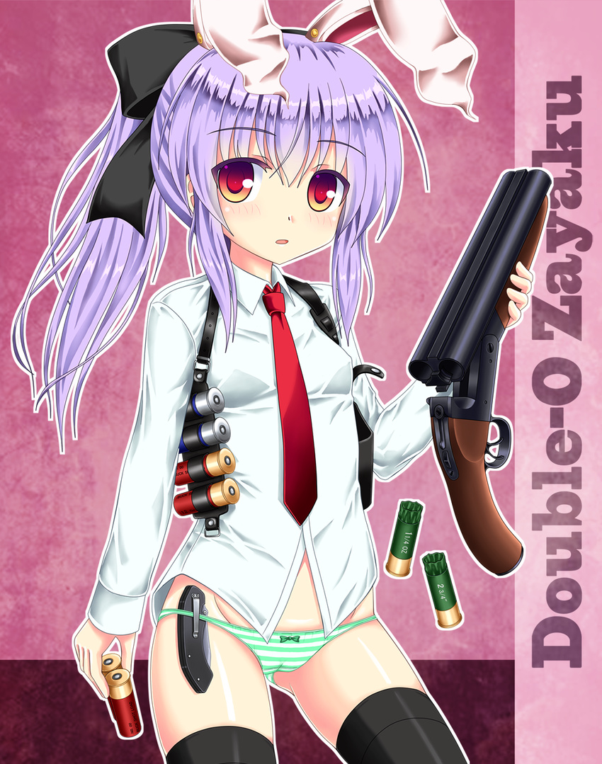 animal_ears bad_id bad_pixiv_id black_thighhighs blush bow bow_panties double-barreled_shotgun dress_shirt female folding_knife gun hairbow highres holster knife long_hair looking_at_viewer necktie no_pants noveske_n4 panties ponytail purple_hair rabbit_ears red_eyes red_necktie reisen_udongein_inaba sawed-off_shotgun shirt shotgun shotgun_shell solo striped_clothes striped_panties thighhighs touhou underwear weapon