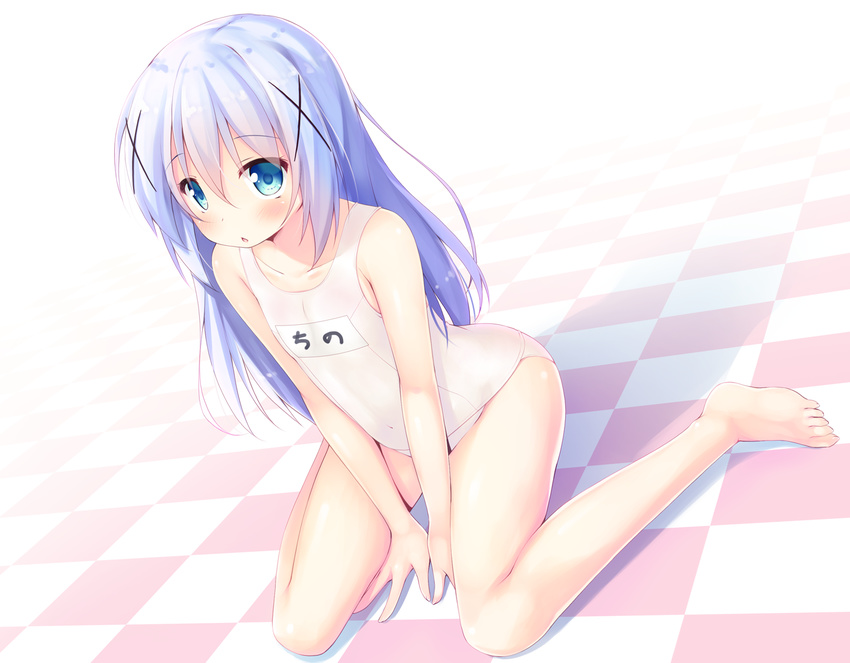 :o between_legs blue_eyes blue_hair checkered_floor collarbone commentary_request covered_navel female gochuumon_wa_usagi_desu_ka? hair_ornament hand_between_legs kafuu_chino long_hair looking_at_viewer masaki_kei one-piece_swimsuit school_swimsuit simple_background sitting solo swimsuit wariza white_background white_one-piece_swimsuit x_hair_ornament