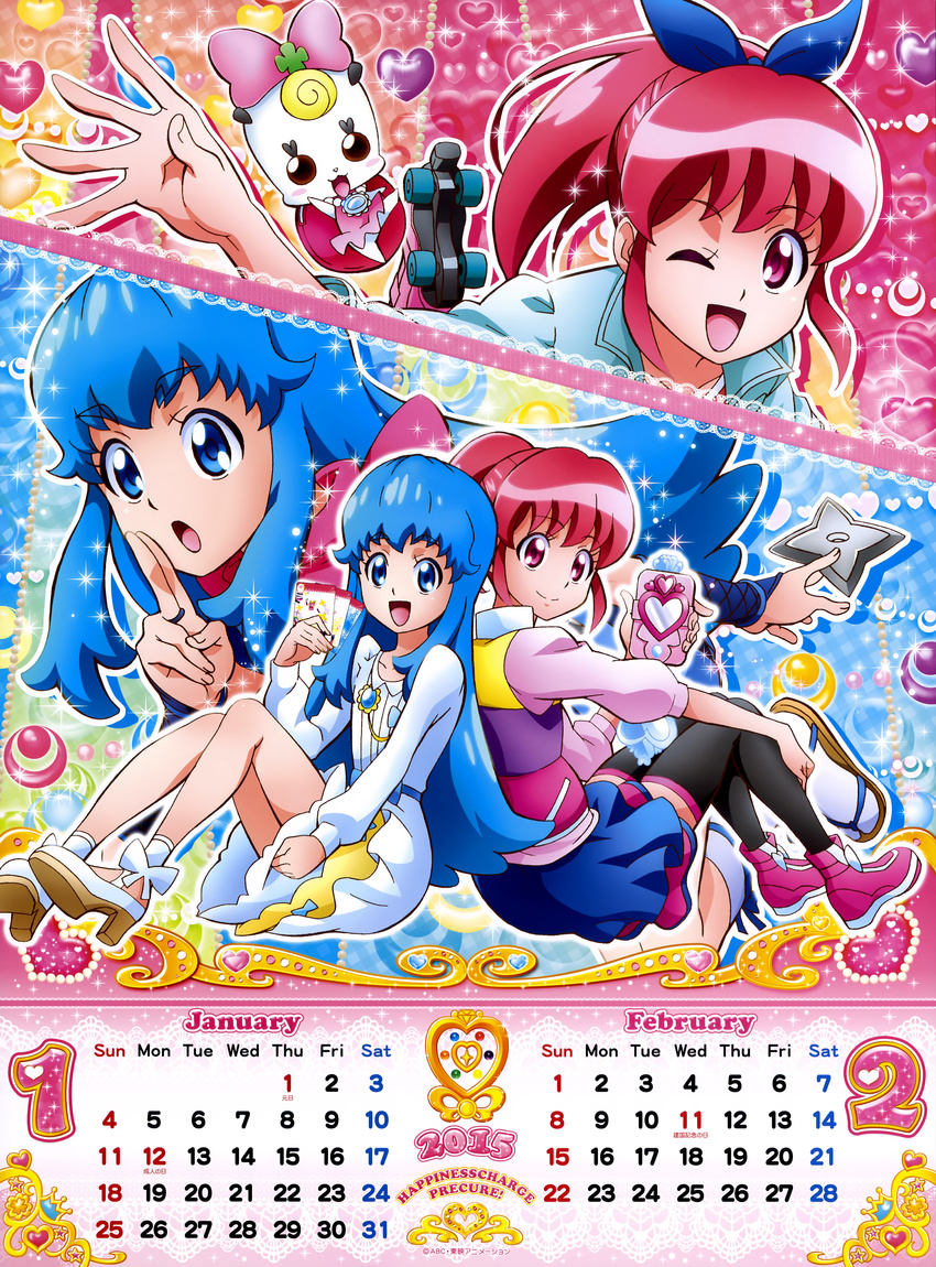 2015 4girls absurdres aino_megumi back-to-back black_legwear blue_eyes blue_hair bow calendar_(medium) copyright_name creature dual_persona february happinesscharge_precure! high_ponytail highres january long_hair multiple_girls official_art one_eye_closed pink_bow pink_eyes pink_hair ponytail precure ribbon_(happinesscharge_precure!) satou_masayuki shirayuki_hime shirt shoes short_hair sidelocks sitting skirt smile thighhighs