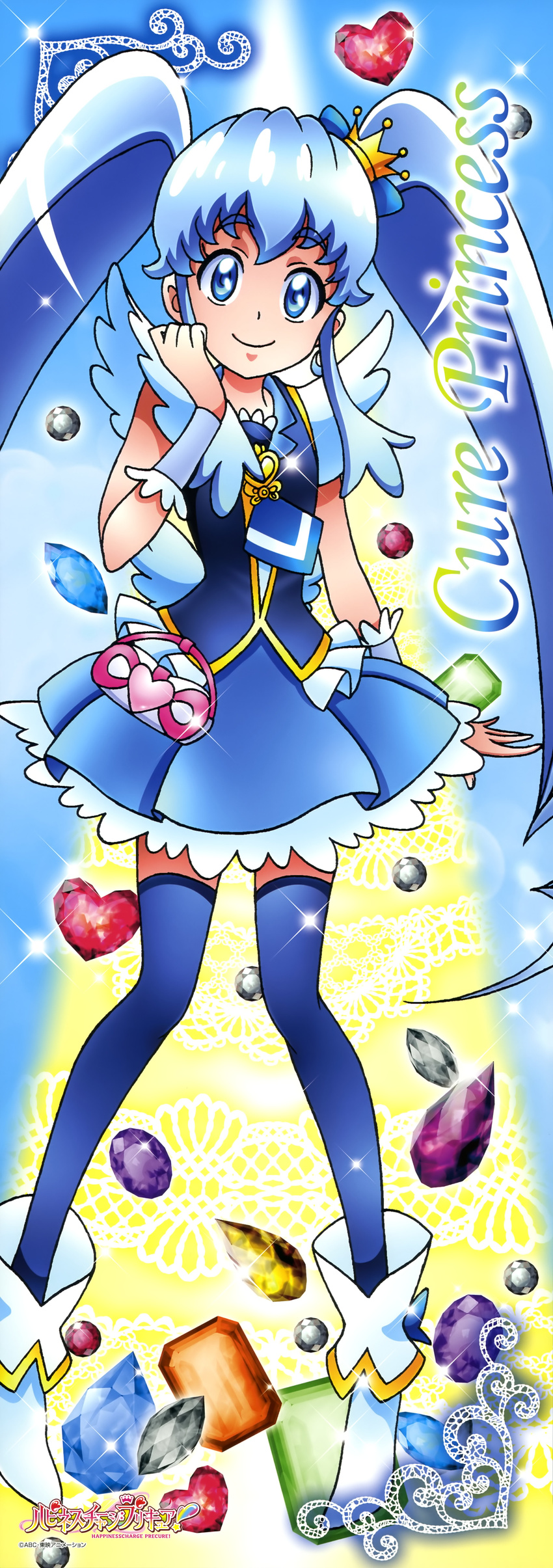 absurdres blue_bow blue_eyes blue_hair blue_thighhighs bow brooch character_name crown crown_bow cure_princess eyebrows female gold_crown happinesscharge_precure! heart heart_brooch highres jewelry mini_crown official_art pointed_crown precure satou_masayuki shirayuki_hime solo thighhighs twintails