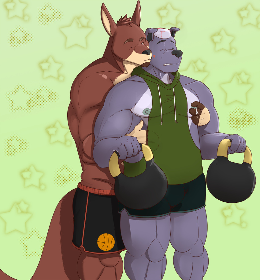 anthro biceps bodily_fluids bottomwear brown_body brown_fur canid canine canis cheezypb cleveartois93 clothed clothing digital_media_(artwork) domestic_dog duo exercise fur gym hair hi_res hoodie kangaroo kettlebell kissing lactating luxordtimet macropod male male/male male_lactation mammal marsupial mohawk musclegut muscular muscular_male nipples ozzy_fitch pecs pit_bull romantic romantic_couple shorts simple_background slightly_chubby tony_marino topless topwear white_hair