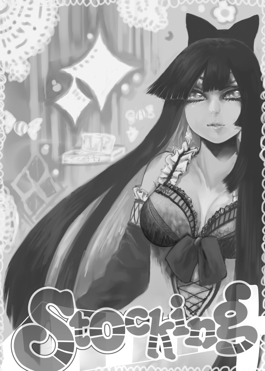 absurdres bad_id bad_pixiv_id bare_shoulders bow breasts character_name cleavage eyelashes female frills greyscale hairbow highres john_marica large_breasts lips long_hair monochrome multicolored_hair panty_&_stocking_with_garterbelt solo stocking_(psg) two-tone_hair upper_body very_long_hair