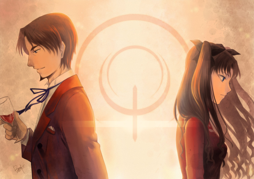 1boy alcohol bad_id bad_pixiv_id blue_eyes brown_hair command_spell cup drinking_glass facial_hair fate/zero fate_(series) father_and_daughter female formal goatee hair_ribbon long_hair photoshop_(medium) rainsp ribbon suit time_paradox tohsaka_rin tohsaka_tokiomi turtleneck two_side_up wine wine_glass