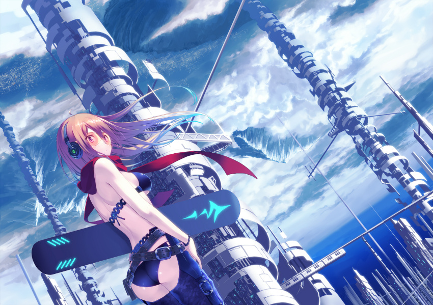 ass belt black_bra bra bracelet breasts bridge building chaps cloud cloudy_sky commentary_request day dutch_angle female from_behind headphones highres izumi_sai jewelry lingerie long_hair looking_back medium_breasts mountain original outdoors panties pillar purple_eyes purple_hair red_scarf scarf scenery sky skyboard solo standing underwear