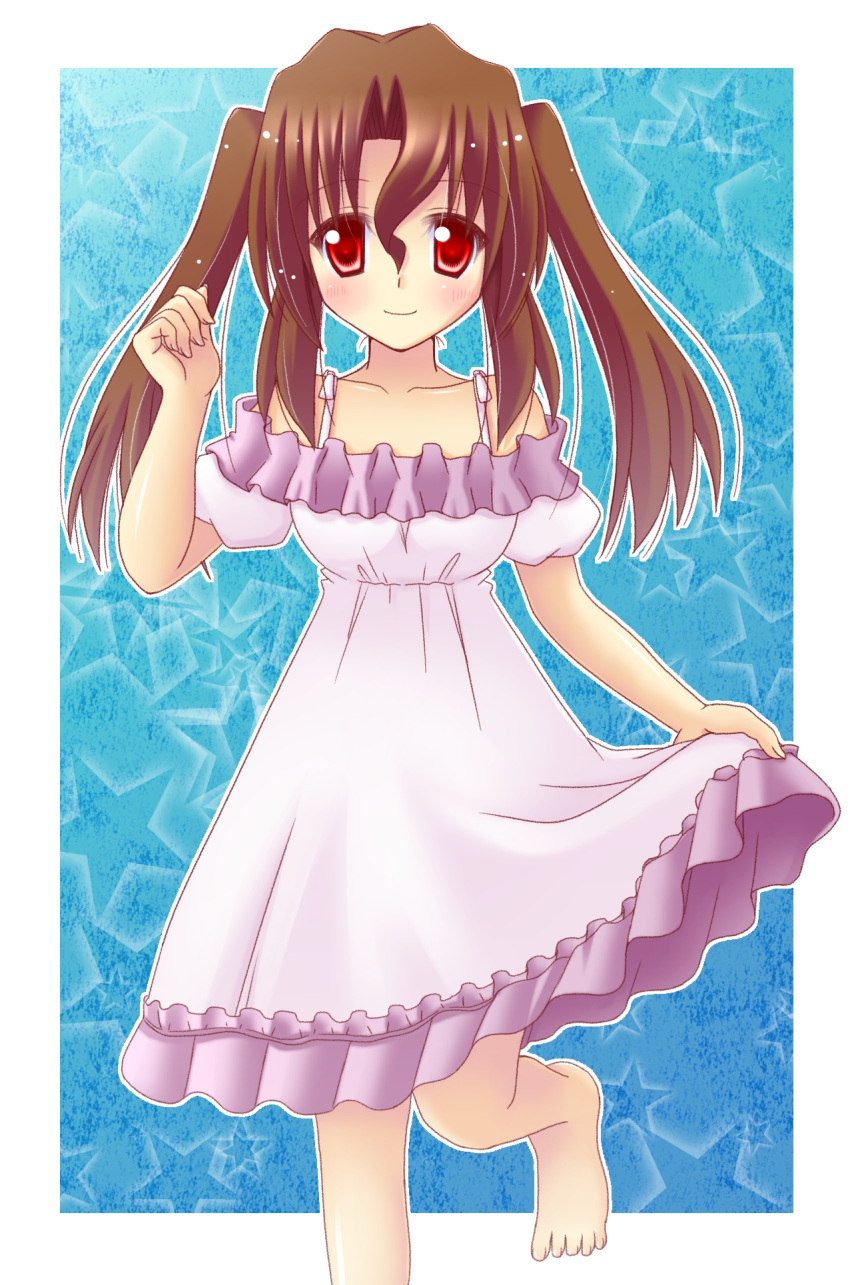 alternate_hairstyle bad_id bad_pixiv_id barefoot brown_hair clothes_lift dress dress_lift female hayate_no_gotoku! highres hinata_mirun long_hair maria_(hayate_no_gotoku!) red_eyes solo twintails