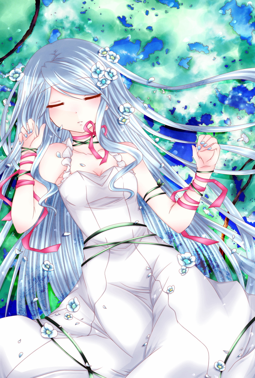 absurdres blue_hair closed_eyes commentary_request female flower highres long_hair original photoshop_(medium) ribbon sleeping solo sorakase_sawa