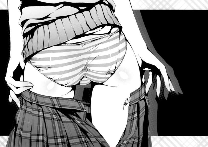 ass black_background cleaned commentary_request drop_shadow female from_behind greyscale highres kantoku kurumi_(kantoku) monochrome open_clothes open_skirt original panties plaid plaid_skirt pleated_skirt shadow shiny_skin simple_background skirt solo striped_clothes striped_panties trefoil underwear undressing