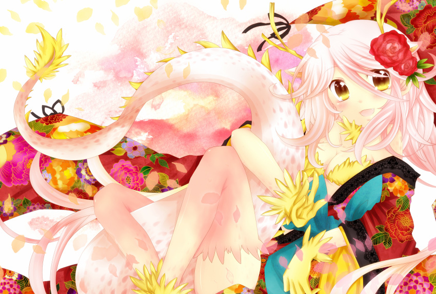 animal_ears breasts cleavage commentary_request dragon_girl dragon_horns dragon_tail female fins floral_print head_fins highres horns long_hair medium_breasts original photoshop_(medium) pink_hair solo sorakase_sawa tail yellow_eyes