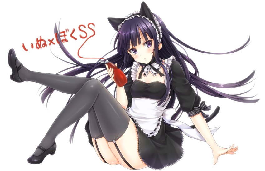 alternate_costume animal_ears apron black_hair black_thighhighs blush bow cat_ears cat_tail commentary_request courreges_ace enmaided fake_animal_ears female full_body garter_straps inu_x_boku_ss ketchup long_hair maid maid_headdress mary_janes photoshop_(medium) purple_eyes shirakiin_ririchiyo shoes simple_background solo tail thighhighs