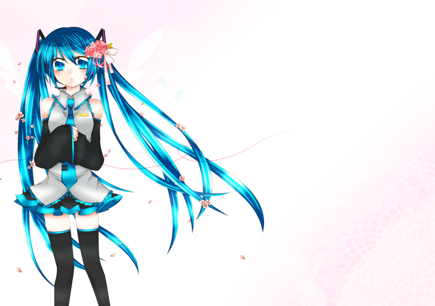 blue_eyes blue_hair commentary_request detached_sleeves female flower hair_flower hair_ornament hatsune_miku highres long_hair necktie photoshop_(medium) solo sorakase_sawa twintails very_long_hair vocaloid