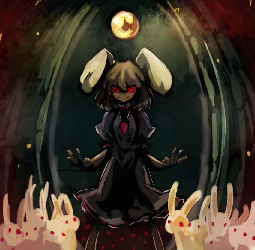 alternate_color animal_ears bad_id bad_pixiv_id bamboo bamboo_forest black_dress black_hair carrot carrot_necklace dress exfeet female forest full_moon glowing glowing_eyes inaba_tewi jewelry moon nature necklace night pendant rabbit rabbit_ears red_eyes short_hair solo too_many too_many_rabbits touhou