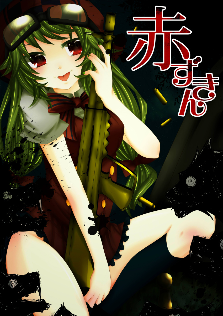 :p absurdres alternate_hairstyle commentary_request female goggles goggles_on_head green_hair gumi gun highres long_hair red_eyes smile solo sorakase_sawa tongue tongue_out vocaloid weapon