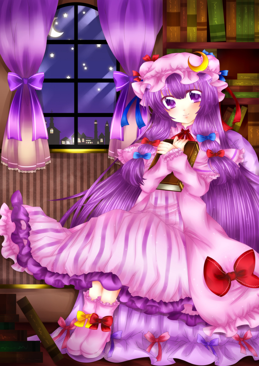 absurdres bad_id bad_pixiv_id book bow crescent dress female hat highres long_hair looking_at_viewer night patchouli_knowledge photoshop_(medium) purple_eyes purple_hair ribbon smile solo sorakase_sawa touhou