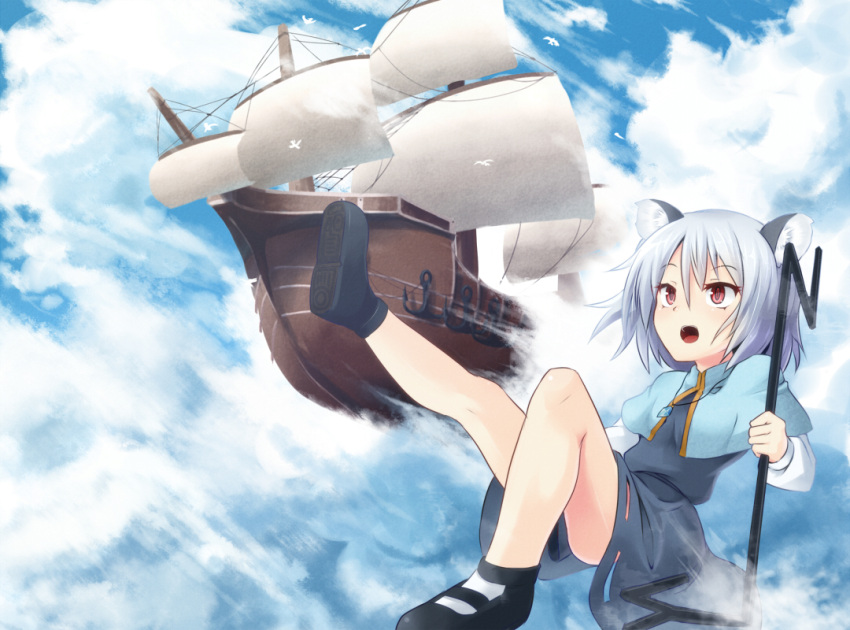 aircraft airship animal_ears ayagi_daifuku capelet cloud commentary_request day female grey_hair mouse_ears nazrin palanquin_ship ship short_hair sky solo touhou vehicle_focus watercraft