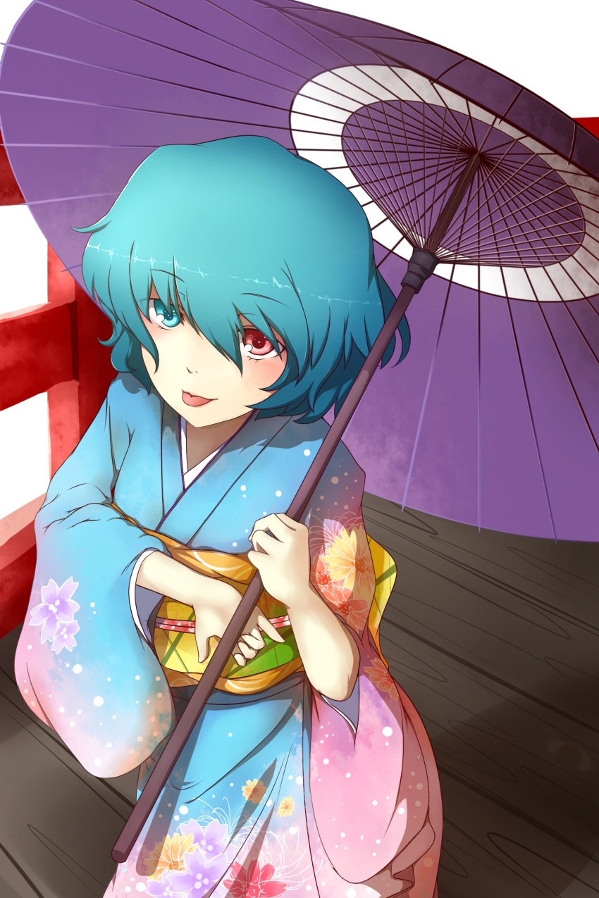 :p absurdres blue_eyes blue_hair commentary_request female floral_print flower heterochromia highres japanese_clothes kimono obi partial_commentary purple_umbrella red_eyes sash short_hair solo tatara_kogasa tongue tongue_out touhou umbrella winu_(hertrion)