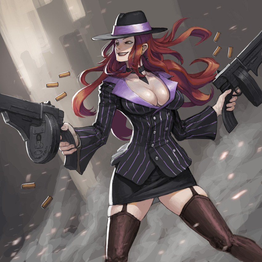 bad_link breasts brown_eyes choker cleavage crime_city_miss_fortune cross cross_earrings earrings female formal garter_straps grin gun hat highres jacket jewelry large_breasts league_of_legends lips lipstick long_hair loped makeup miss_fortune_(league_of_legends) pencil_skirt photoshop_(medium) pinstripe_pattern pinstripe_suit red_hair shell_casing skirt skirt_suit smile solo striped submachine_gun suit weapon