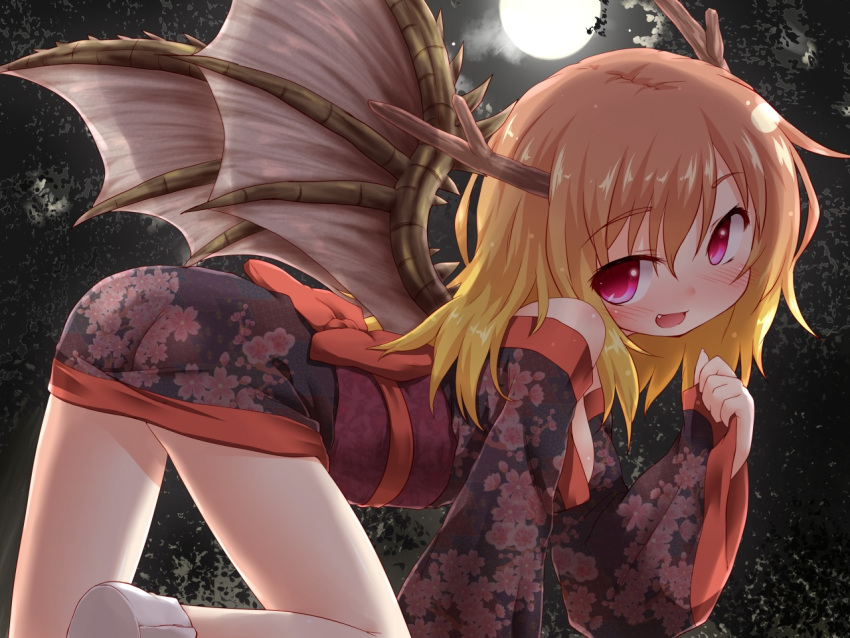 antlers blonde_hair blush commentary_request dragon_girl dragon_horns dragon_wings female full_moon horns japanese_clothes kimono moon natsu_no_koucha night oerba_yun_fang original red_eyes solo wings yukata