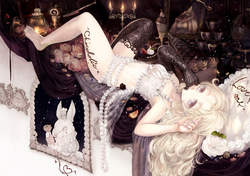 asymmetrical_clothes bad_id bad_pixiv_id barefoot blonde_hair blueberry cake candle chef chocolate cream cup elbow_gloves english_text feet feline female fingernails flat_chest flower food fork fruit globe gloves hands hat highres ice_cream knife lace lace_gloves lace_legwear lingerie long_hair lying nail_polish namari_iro on_back orange_(fruit) original petals photo_(object) picture_frame pie pink_flower pink_rose plant purple_eyes rabbit revision rose single_elbow_glove single_glove single_thighhigh solo spilling spoon strawberry thighhighs toenails underwear wavy_hair