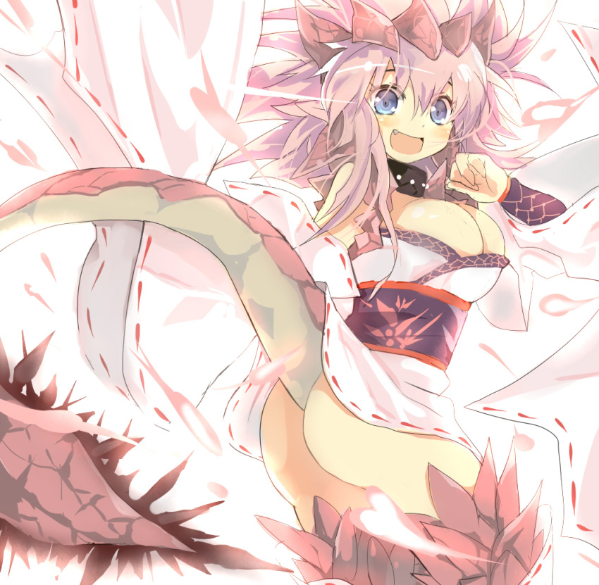 alternate_color ass bare_shoulders blue_eyes breasts cleavage commentary_request detached_sleeves female japanese_clothes large_breasts long_hair monster_hunter_(series) oerba_yun_fang open_mouth personification pink_hair pink_rathian rathian solo tail umitsuki