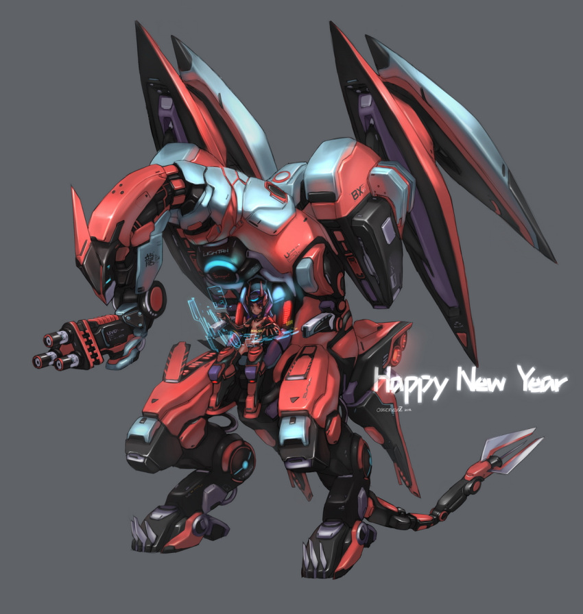 bad_id bad_pixiv_id dragon female full_body gatling_gun grey_background gun highres joints mecha minigun new_year observerz original purple_hair red_eyes robot robot_joints simple_background weapon