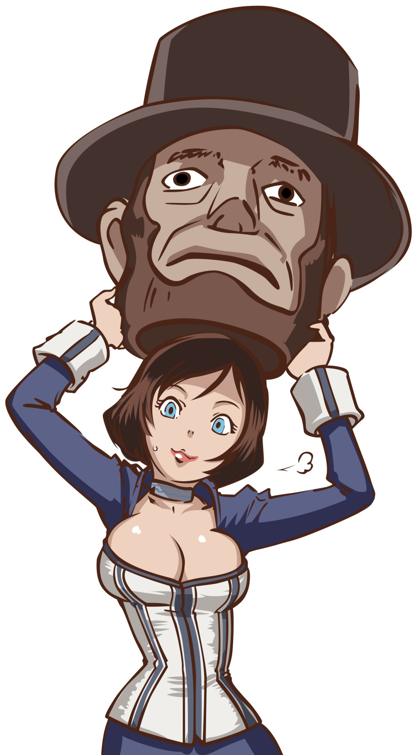 abraham_lincoln absurdres bioshock bioshock_infinite black_hair blue_eyes breasts butcha-u cleavage elizabeth_(bioshock_infinite) eroquis highres large_breasts lips short_hair vector_trace