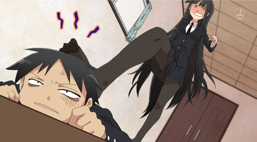 1boy anger_vein bad_id bad_pixiv_id black_hair black_legwear boyfriend_(houkago_play) brand_name_imitation dutch_angle fake_screenshot feet female femdom foot_on_head girlfriend_(houkago_play) grin highres houkago_play long_hair maru_(314) pale_eye pantyhose school_uniform smile stomping straight tbs trample