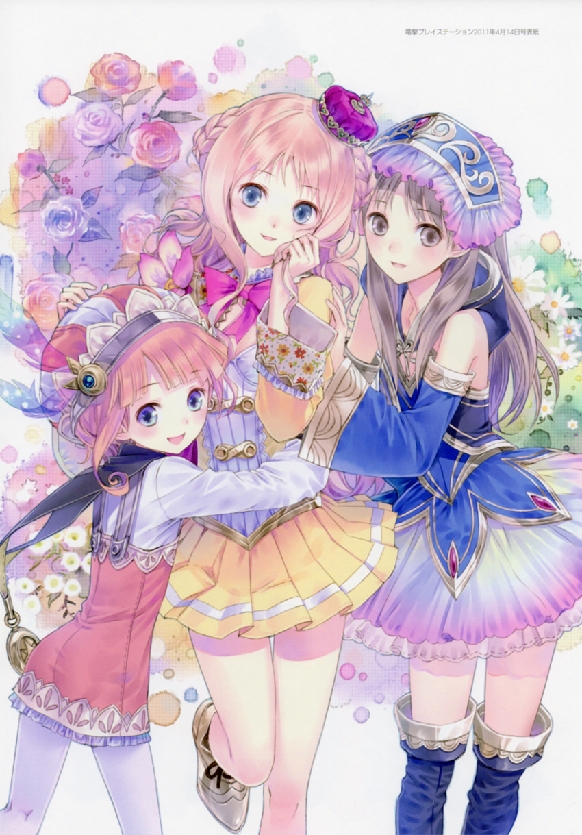 3girls absurdres arched_crown atelier_(series) atelier_meruru bare_legs bare_shoulders blonde_hair blue_eyes blue_sleeves bob_cut boots bow braid brown_hair detached_sleeves dress floral_background flower grey_eyes half_updo hat headdress highres holding holding_own_hair hug kishida_mel knee_boots leg_up long_hair long_sleeves merurulince_rede_arls multiple_girls official_art pantyhose patterned photoshop_(medium) pink_flower pink_rose red_bow red_crown rororina_fryxell rose shoes short_hair skirt thighhighs tilted_headwear totooria_helmold white_flower white_legwear white_rose wide_sleeves zettai_ryouiki