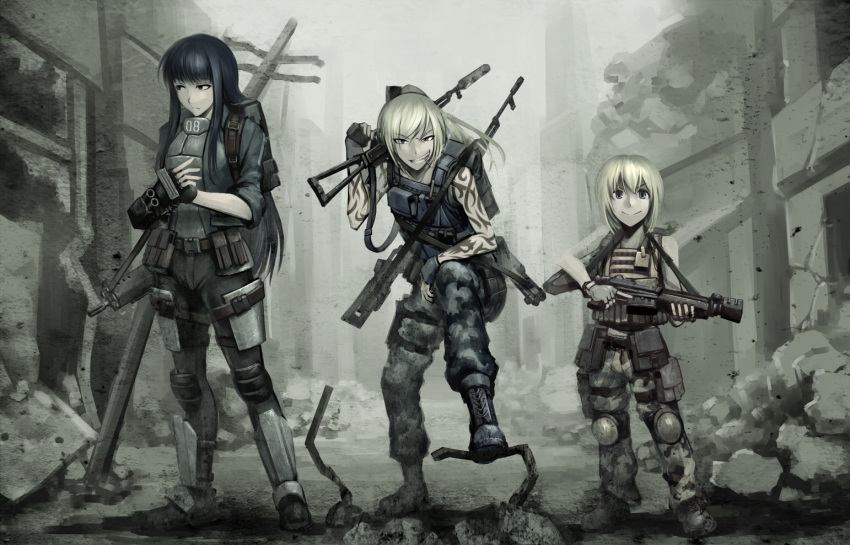 3girls ak-74 aks-74 armor assault_rifle bag black_hair blonde_hair buckle bulletproof_vest commentary_request dragunov_svd fallout:_new_vegas fallout_(series) fingerless_gloves gloves grin gun hetza_(hellshock) holster kalashnikov_rifle knee_pads load_bearing_vest long_hair looking_at_viewer military_operator multiple_girls original otsukai_(hetza) ponytail power_fist rifle sig_sauer sig_sg552 smile snap-fit_buckle sniper_rifle suzumi_(hetza) tattoo teeth thigh_holster trigger_discipline wasteland weapon