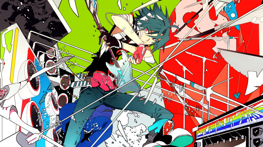 1boy abstract bandages bandaid cable commentary_request electric_guitar fingerless_gloves gloves guitar instrument male_focus original photoshop_(medium) ren'ai_yuusha_(vocaloid) shoes sneakers speaker suou_(sdurorhr) torn_clothes vocaloid