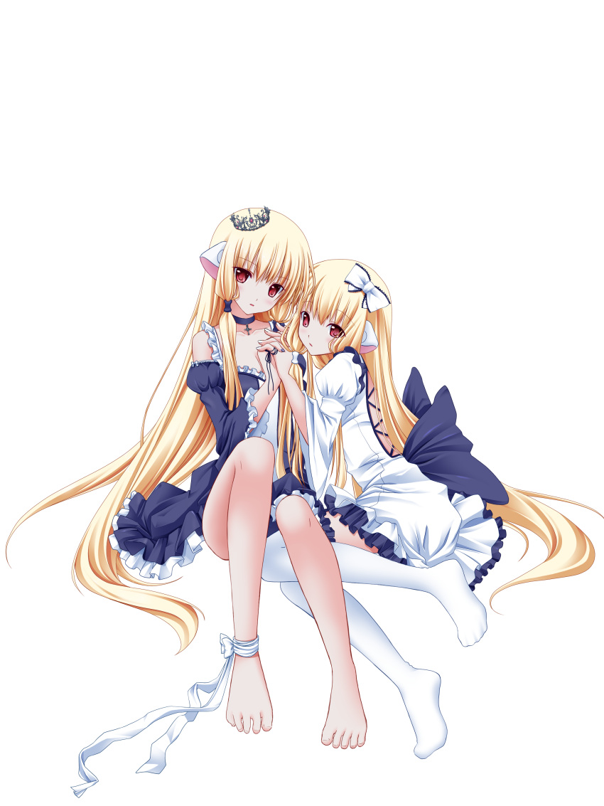 2girls absurdres ankle_ribbon anklet barefoot blonde_hair bow chii chobits choker collarbone colorized commentary_request dress freya_(chobits) full_body hair_ornament hairbow highres holding_hands interlocked_fingers jewelry leg_ribbon long_hair looking_at_viewer multiple_girls nail_polish nana_mikoto red_eyes ribbon robot_ears siblings sisters thighhighs transparent_background very_long_hair wata_(akawata) white_legwear