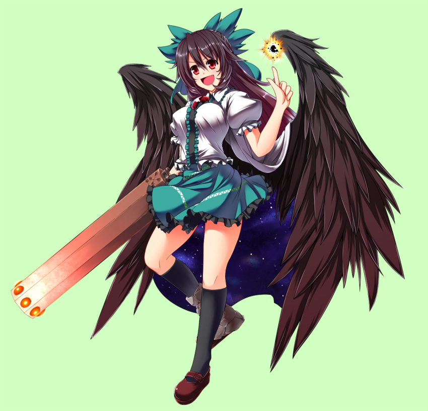 arm_cannon arm_up asymmetrical_footwear black_hair black_wings bow cape commentary_request concrete energy_ball female glowing glowing_weapon green_bow green_skirt hairbow iwanori long_hair mismatched_footwear open_mouth pointing pointing_up red_eyes reiuji_utsuho shirt skirt smile solo space third_eye touhou weapon wings