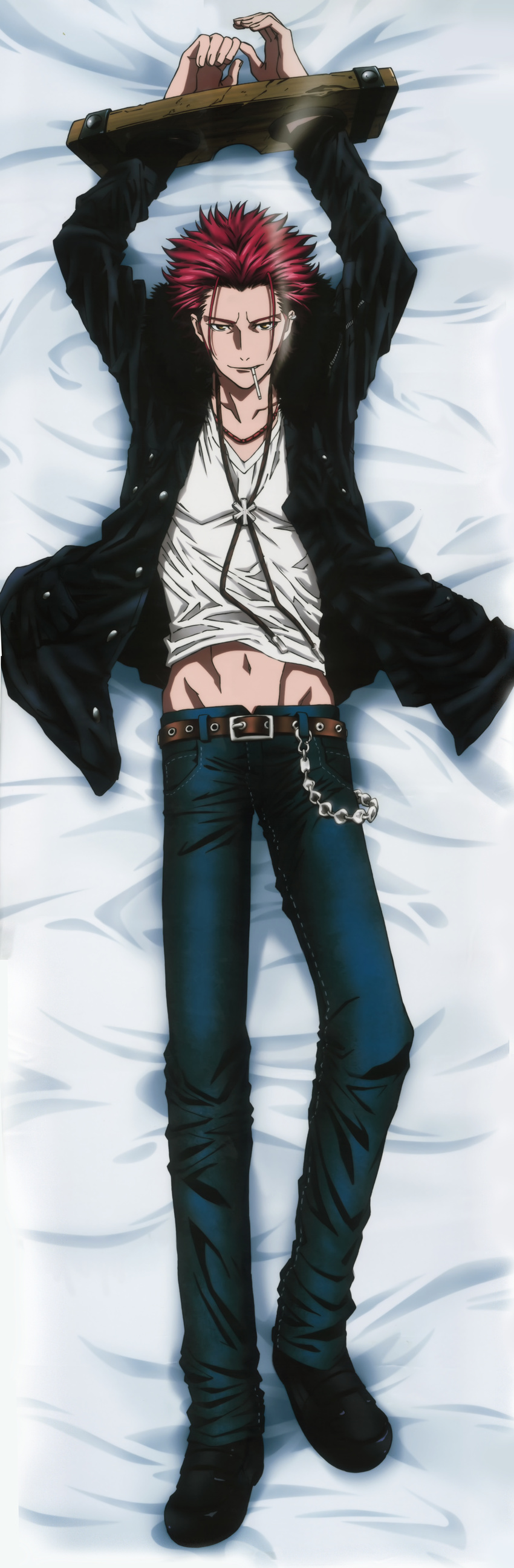 1boy absurdres brown_eyes chains dakimakura_(medium) earrings full_body highres jacket jewelry k-project male_focus navel necklace open_clothes open_jacket pants photoshop_(medium) red_hair smile smoke solo stocks suoh_mikoto