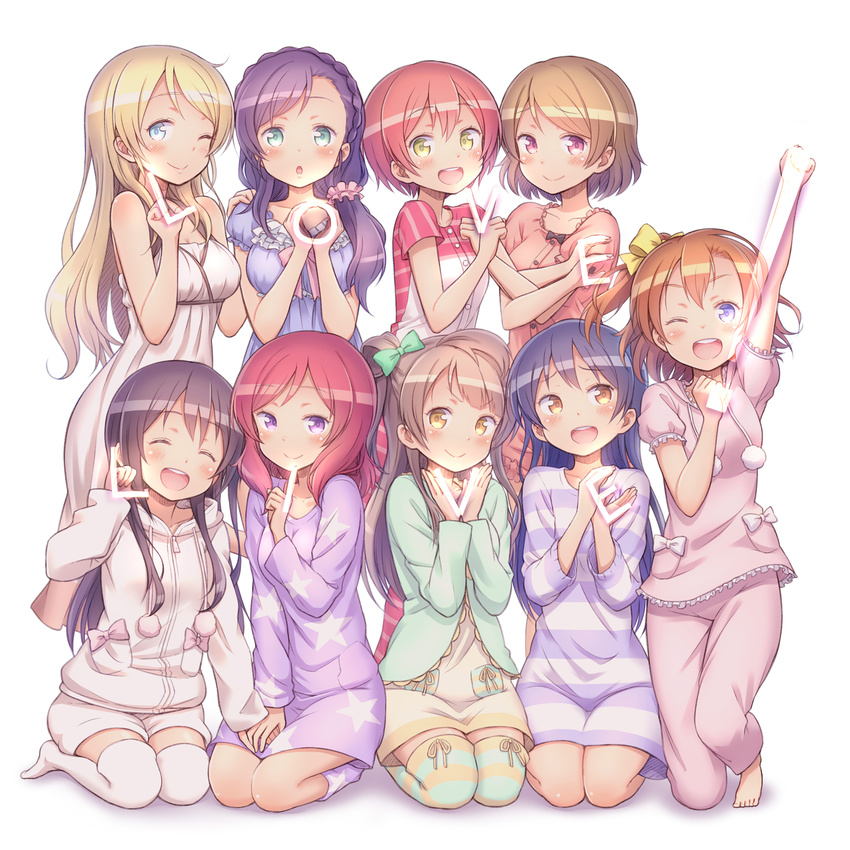 6+girls :d ;) ;d ^_^ alternate_hairstyle ayase_eli barefoot blonde_hair blush closed_eyes colored_stripes commentary_request copyright_name hair_down highres hoshizora_rin koizumi_hanayo kosaka_honoka kuinji_51go letter_pose long_hair looking_at_viewer love_live! love_live!_school_idol_project minami_kotori multiple_girls nishikino_maki one_eye_closed open_mouth pajamas pale_color pantyhose pastel_colors pom_pom_(clothes) single_letter smile sonoda_umi star_(symbol) star_print striped_clothes striped_pantyhose thighhighs tojo_nozomi yazawa_nico