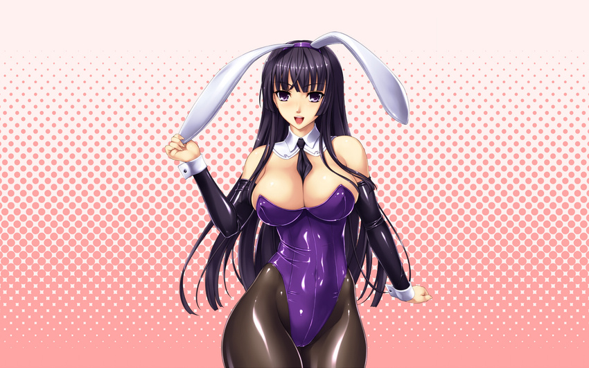 animal_ears black_hair blush bunny_ears bunnygirl cleavage erect_nipples long_hair pantyhose rindou_aya