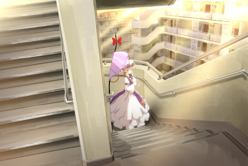 apartment backlighting blonde_hair bow commentary_request day dress female gap_(touhou) hair_up hairbow hat hat_ribbon highres holding holding_umbrella juliet_sleeves light_rays long_sleeves looking_at_viewer looking_to_the_side mukai outdoors parasol puffy_sleeves purple_eyes railing red_ribbon ribbon scenery short_hair_with_long_locks sidelocks solo stairs standing sunbeam sunlight tabard touhou tsurime umbrella white_dress white_hat wide_shot yakumo_yukari