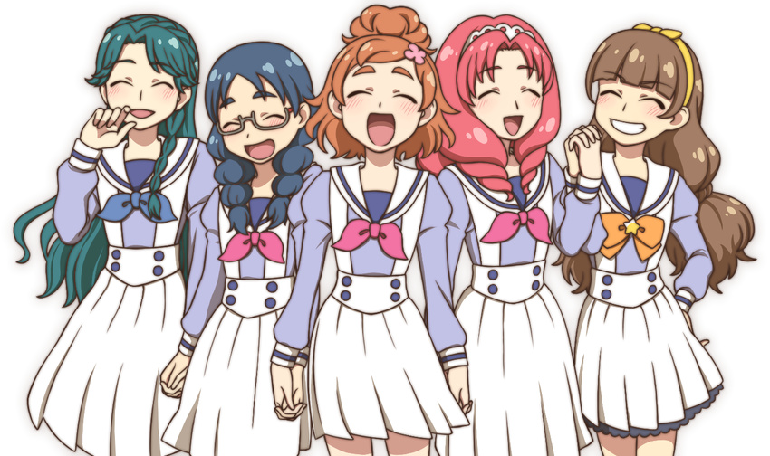 5girls ^_^ akagi_towa amanogawa_kirara aya_(ryou0327) blue_hair braid brown_hair closed_eyes commentary_request glasses go!_princess_precure green_hair grin hair_bun hairband haruno_haruka holding_hands interlocked_fingers kaidou_minami low_twintails multiple_girls nanase_yui noble_academy_school_uniform open_mouth precure red_hair school_uniform serafuku side_braid single_hair_bun smile star_(symbol) twin_braids twintails