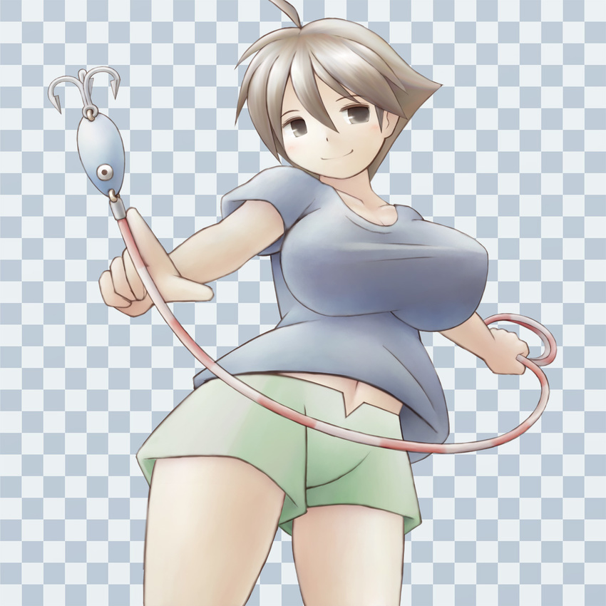 +_(tas28282000) ahoge breasts brown_eyes brown_hair checkered_background commentary_request female fishing_hook fishing_line fishing_lure green_shorts highres huge_breasts navel photoshop_(medium) shirt short_hair shorts smile solo t-shirt umihara_kawase umihara_kawase_(character)