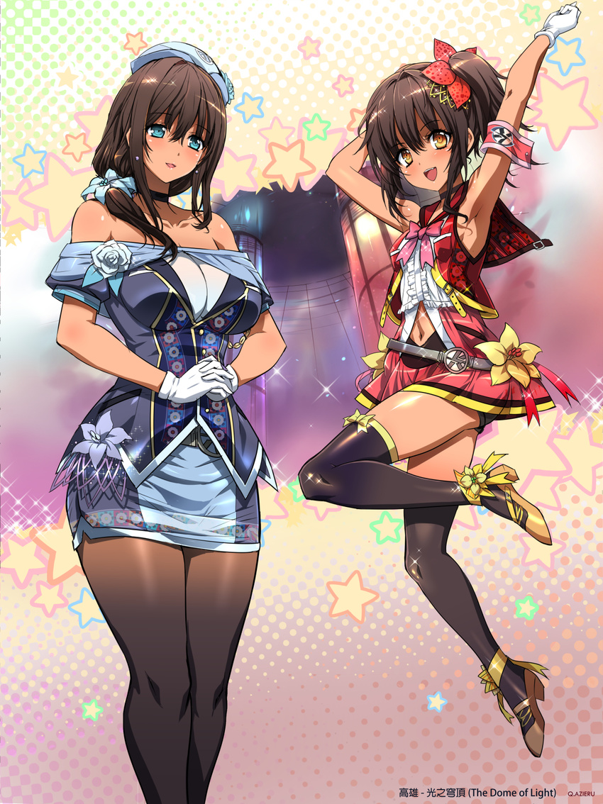 2girls :d age_difference bare_shoulders blue_eyes brown_eyes brown_hair chinese_commentary choker commentary_request flower full_body gold_trim hair_flower hair_ornament high_heels highres jumping miniskirt multiple_girls open_mouth original pantyhose q_azieru shorts siblings side_ponytail sisters size_difference skirt smile standing thighhighs wide_hips