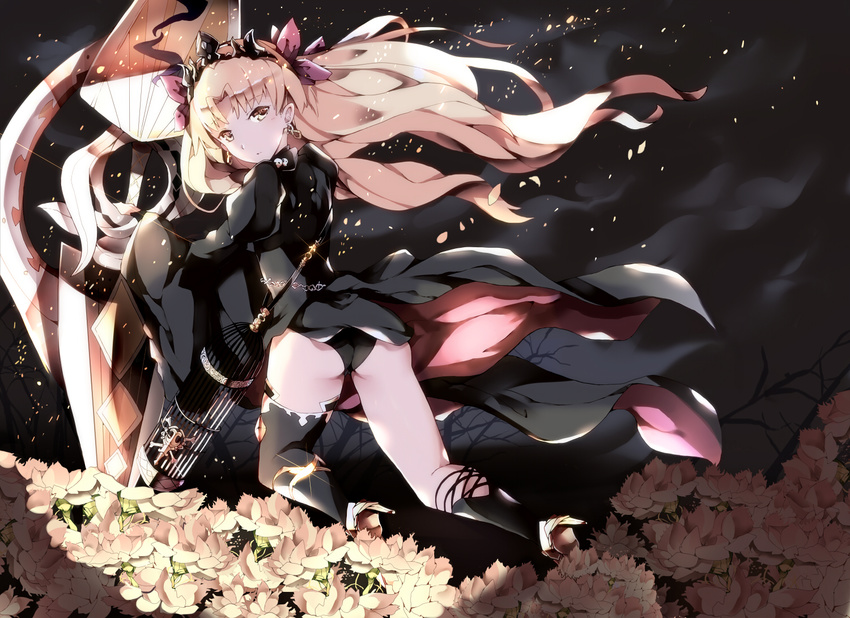 ass blonde_hair cage cherry_blossoms dress ereshkigal fate/grand_order fate_(series) flowers long_hair panties tagme_(artist) thighhighs tiara underwear yellow_eyes