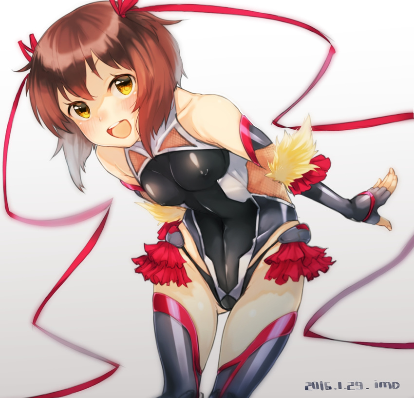 :d ass_visible_through_thighs bare_shoulders blush breasts brown_hair commentary_request cosplay covered_navel covered_nipples dated elbow_gloves female fingerless_gloves frills gloves grey_hair hair_ribbon highres imo kantai_collection leaning_forward leotard looking_at_viewer mizuki_yukikaze mizuki_yukikaze_(cosplay) multicolored_hair name_connection open_mouth ribbon shiny_skin short_hair simple_background sleeveless small_breasts smile solo taimanin_(series) taimanin_yukikaze thighhighs two-tone_hair white_background yellow_eyes yukikaze_(kancolle)