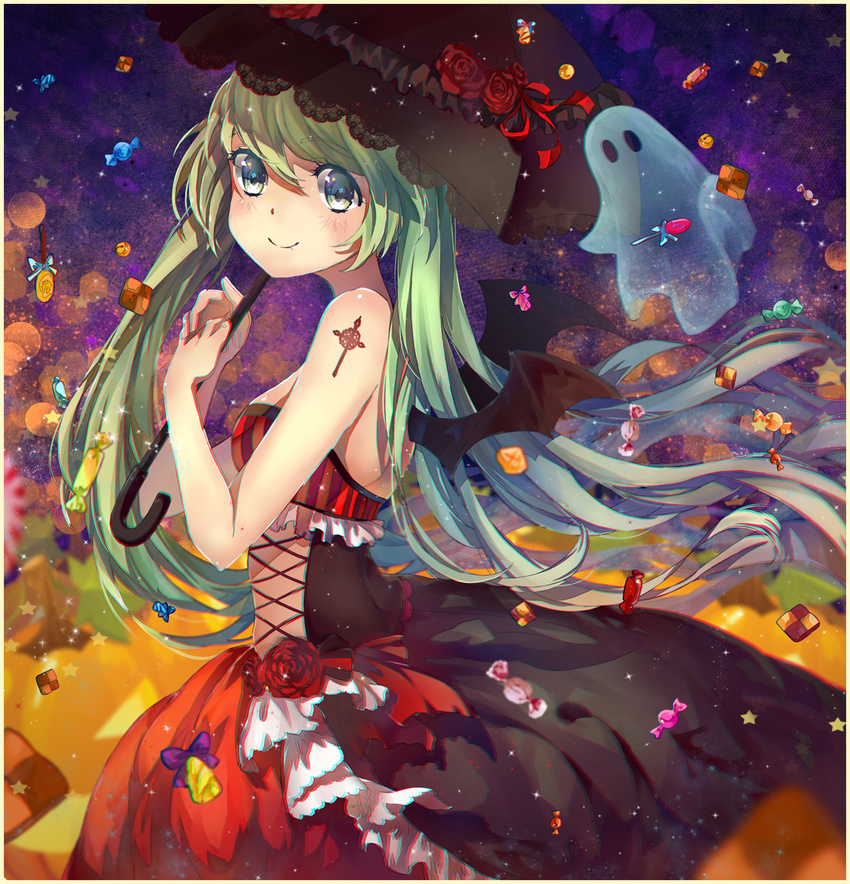 bat_wings candy commentary_request dress female food ghost green_eyes green_hair halloween hatsune_miku long_hair looking_at_viewer photoshop_(medium) smile solo tattoo teka twintails umbrella very_long_hair vocaloid wings