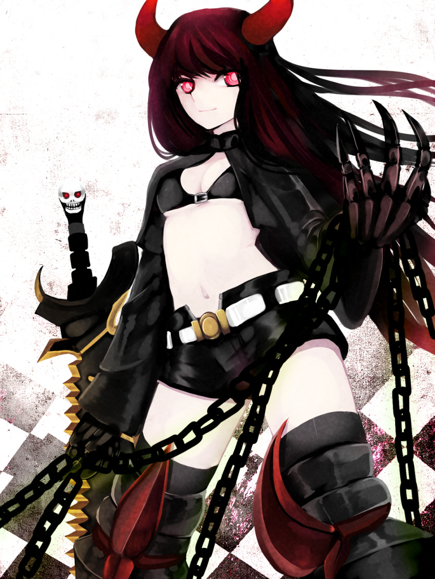 bad_id bad_pixiv_id belt bikini bikini_top_only black_bikini black_gold_saw black_rock_shooter black_shorts black_thighhighs breasts chains checkered_background cleavage cropped_jacket female highres horns king_saw long_hair looking_at_viewer meiko_(puua) midriff navel pale_skin red_eyes red_hair short_shorts shorts skull small_breasts smile solo swimsuit sword thighhighs underboob unzipped weapon