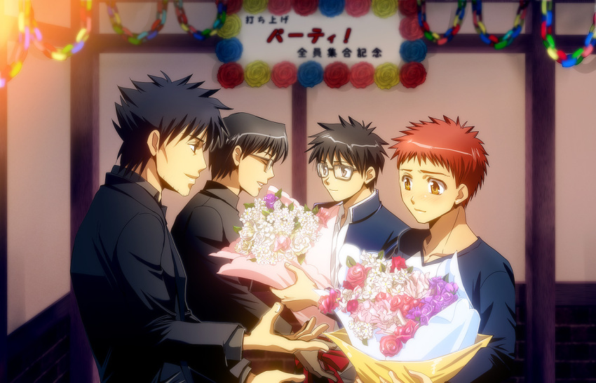 4boys black_eyes black_hair blue_eyes blue_flower blue_rose bouquet carnival_phantasm commentary_request emiya_kiritsugu emiya_shirou fate/stay_night fate/zero fate_(series) father_and_son flower glasses kara_no_kyoukai kokutou_mikiya male_focus multiple_boys pink_flower pink_rose raglan_sleeves red_flower red_hair red_rose rose setta_(tokinon) tohno_shiki tsukihime type-moon yellow_eyes yellow_flower yellow_rose