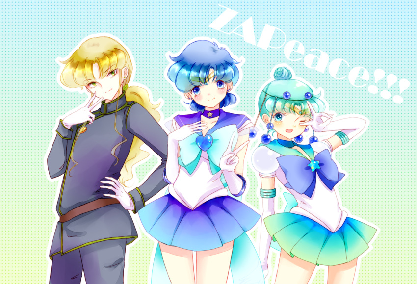 1boy 2girls amazons_quartet androgynous aqua_background back_bow bishoujo_senshi_sailor_moon bishoujo_senshi_sailor_moon_(first_season) bishoujo_senshi_sailor_moon_stars blonde_hair blue_choker blue_eyes blue_hair blue_sailor_collar blue_skirt bow brooch choker commentary_request elbow_gloves gloves hair_bun heart heart_brooch jewelry long_hair magical_girl mizuno_ami multiple_girls one_eye_closed pallapalla_(sailor_moon) ponytail ribbon sailor_collar sailor_mercury sailor_pallas sailor_senshi sailor_senshi_uniform short_hair single_hair_bun skirt star_(symbol) star_brooch star_choker super_sailor_mercury tiara torao_(torakmn) v white_gloves zoisite_(sailor_moon)