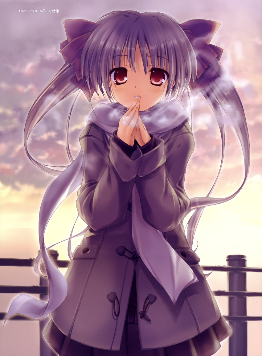 absurdres blush breath coat female fujisaki_rei highres light_smile long_hair long_sleeves looking_at_viewer original outdoors own_hands_together pleated_skirt purple_hair railing red_eyes scarf skirt sky sleeves_past_wrists solo twintails