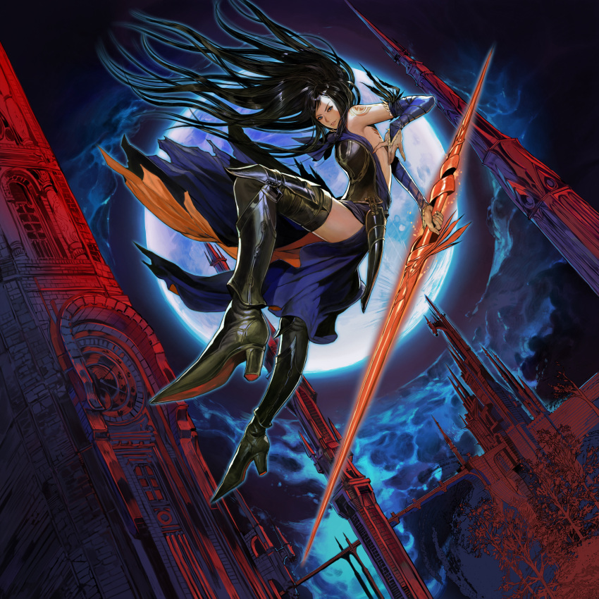 armpits backless_outfit bare_shoulders black_hair black_thighhighs boots bridal_gauntlets castlevania:_order_of_ecclesia castlevania_(series) dress falling female full_moon glowing goth_fashion high_heels highres hirooka_masaki long_hair moon night night_sky official_art outdoors photoshop_(medium) polearm shanoa shoes sky solo spear tattoo thigh_boots thighhighs very_long_hair weapon zettai_ryouiki