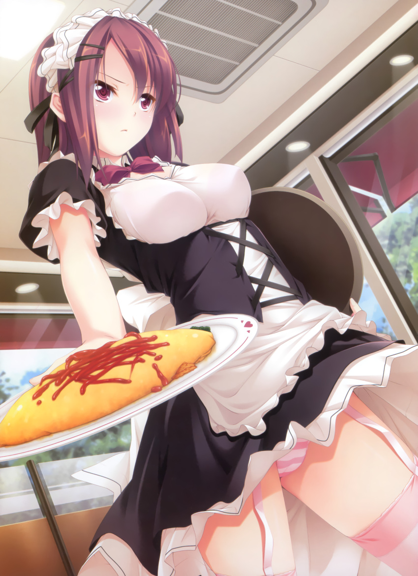 absurdres breasts copyright_request dutch_angle female food garter_straps highres ichikawa_noa omurice panties pantyshot striped striped_panties thighhighs tray underwear waitress