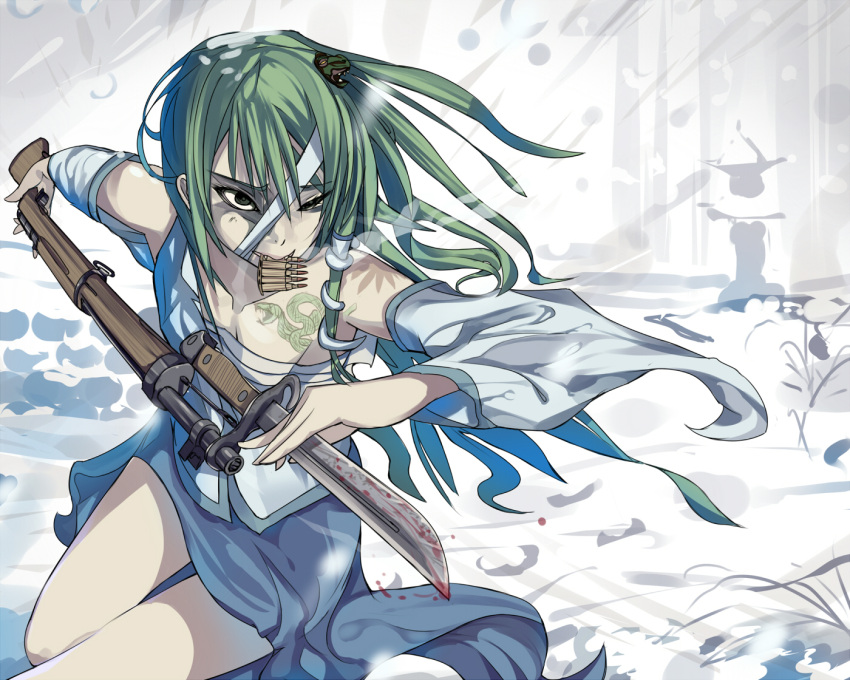 bandages bayonet blood breath bullet commentary_request daito detached_sleeves fangs female frog green_eyes green_hair gun hair_ornament hair_tubes kochiya_sanae long_hair mouth_hold rifle sarashi scar snake snow solo tattoo touhou weapon