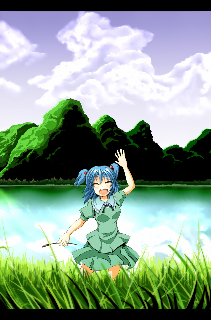 :d ^_^ arm_up bad_id bad_pixiv_id blue_hair cattail closed_eyes cloud day female grass hair_bobbles hair_ornament highres kawashiro_nitori lake letterboxed mountain no_headwear open_mouth outdoors plant reeds short_hair short_twintails skirt skirt_set smile solo sudou_noboru touhou twintails two_side_up