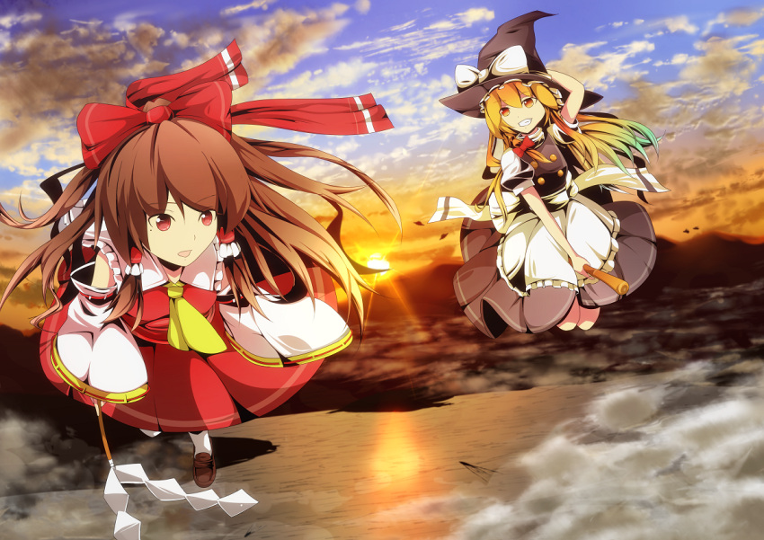 2girls bad_id bad_pixiv_id blonde_hair bow braid broom broom_riding brown_hair cloud detached_sleeves dutch_angle flying hairbow hakurei_reimu hat hidaka_kouyou kirisame_marisa long_hair multiple_girls open_mouth red_eyes ribbon scenery sky smile sunset touhou witch_hat yellow_eyes